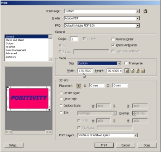 Custom paper size in illustrator print dialogue box